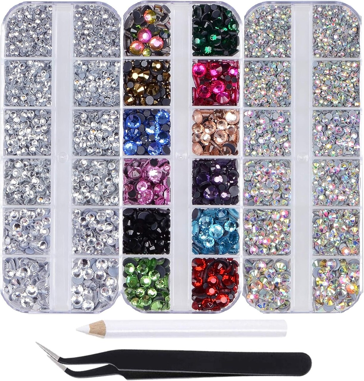 9500+ Flatback Round Rhinestones - 12-Colors and Clear Crystal